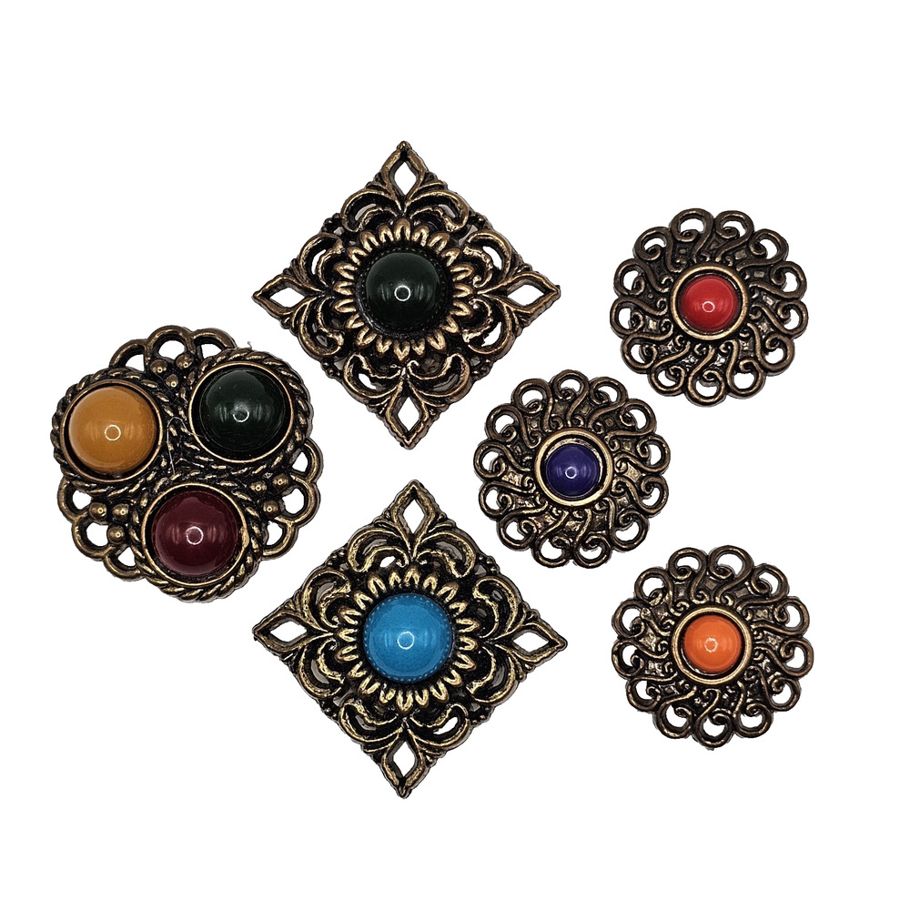 Vintage Costume Jewelry Button Covers Acrylic Filigree Jewel Tone Cabochons 6pcs